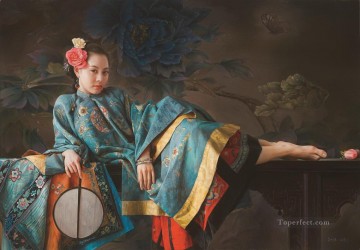 中国 Painting - 青い蝶の中国人の女の子